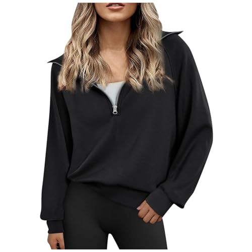 HZMM Freizeitjacke Damen Ohne Übergroße Damen-Sweatshirts mit halbem Reißverschluss, langärmelige Kapuzenpullover mit Viertelreißverschluss, Herbstkleidung für Teenager und Mädchen (Black, S) von HZMM