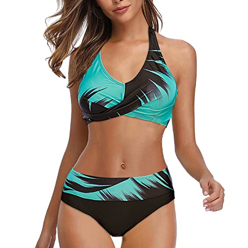 HZMM Neckholder Push Up Bikini Bademode Frauen Kreuz Sport BH gedruckt Strand Bademode Schwimmen Tankini Bandeau Bandage Bikini Set Push Up Tankini Volants Badeanzug mit Badeshorts von HZMM