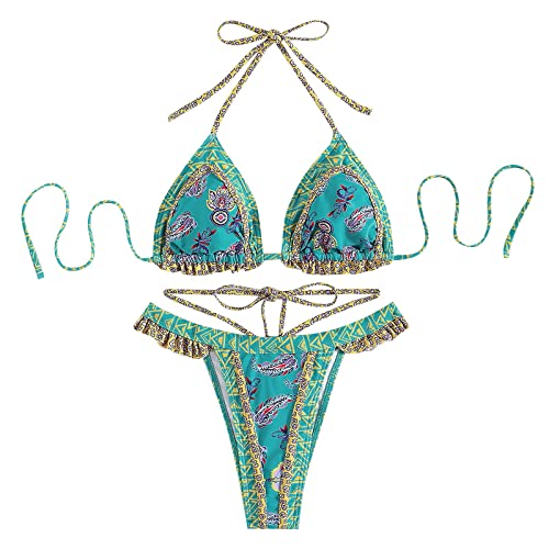 High Waist Bikini Bademode Bademode Sexy Damenmode Print Halter Piece Split Ethnic Bikini Badeanzug Two Strap Tankini Volants Badeanzug mit Badeshorts Zwei Teilig Bademode von HZMM