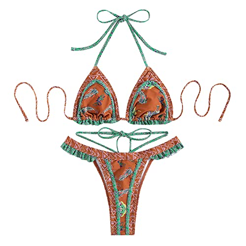 High Waist Bikini Bademode Bademode Sexy Damenmode Print Halter Piece Split Ethnic Bikini Badeanzug Two Strap Tankini Volants Badeanzug mit Badeshorts Zwei Teilig Bademode von HZMM