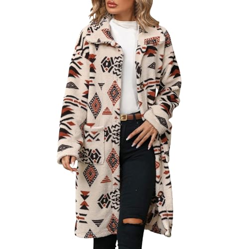 Mantel Damen Herbst und Winter einreihige Ethno Stil Bedruckte Plüsch Langmanteljacke Mäntel Und Jacken Für Damen (Beige XL) von HZMM
