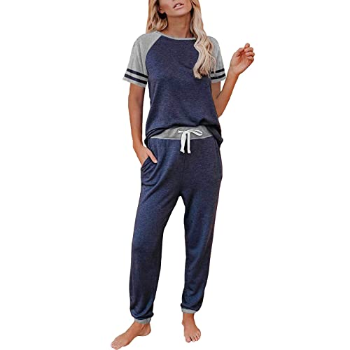 Pyjamahose Kariert Damen Damen-Pyjama-Set Kurzarm-Farbblock-Nachtwäsche-Oberteile mit Langen Hosen -Set Nachtwäsche Nachthemd Hemd Damen (Dark Blue, S) von HZMM