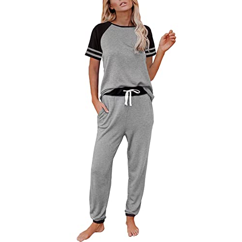 Pyjamahose Kariert Damen Damen-Pyjama-Set Kurzarm-Farbblock-Nachtwäsche-Oberteile mit Langen Hosen -Set Nachtwäsche Nachthemd Hemd Damen (Grey, L) von HZMM