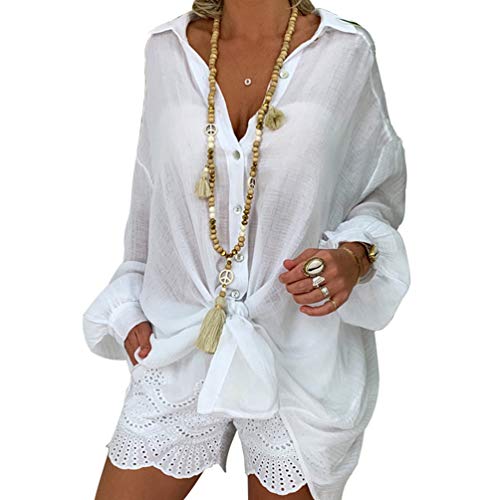 HZQIFEI Damen Langarm Strandkleid Bikini Cover Up Strandponcho Sommer Bademode Longshirt Strandhemd (Weiß, 4XL) von HZQIFEI