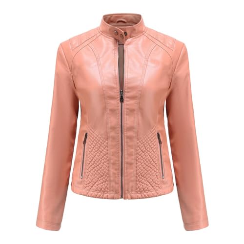 HZQIFEI Damen PU Leder Jacke, Motorrad Biker Lederjacke Kurz Leicht Kunstlederjacke Reißverschluss Mantel PJK15 (Rosa, M) von HZQIFEI