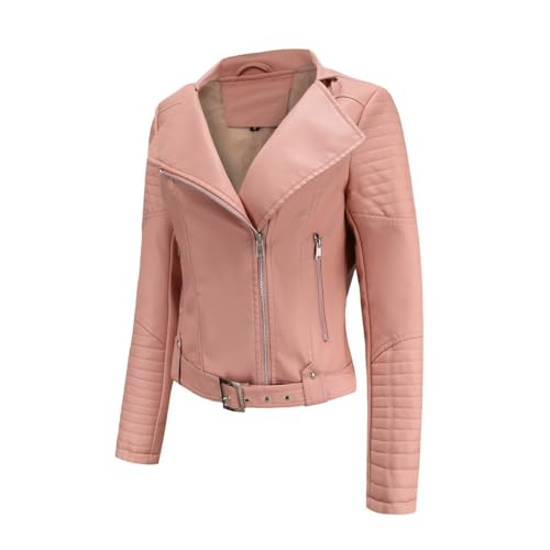 HZQIFEI Damen PU Leder Jacke, Motorrad Biker Lederjacke Kurz Leicht Kunstlederjacke Reißverschluss Mantel PJK20 (Rosa, M) von HZQIFEI