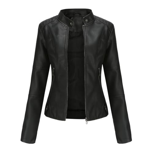 HZQIFEI Damen PU Leder Jacke, Motorrad Moto Biker Lederjacke Kurz Leicht Kunstlederjacke Reißverschluss Mantel PJK02 (Schwarz, 4XL) von HZQIFEI