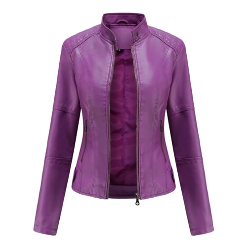 HZQIFEI Damen PU Leder Jacke, Motorrad Moto Biker Lederjacke Kurz Leicht Kunstlederjacke Reißverschluss Mantel PJK02 (Violett, M) von HZQIFEI