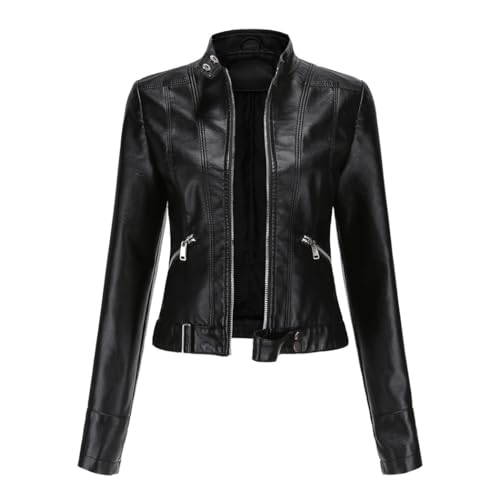 HZQIFEI Damen PU Leder Jacke, Motorrad Moto Biker Lederjacke Kurz Leicht Kunstlederjacke Reißverschluss Mantel PJK04 (Schwarz, L) von HZQIFEI