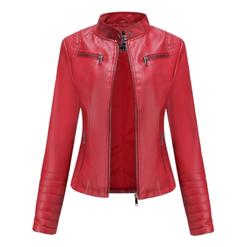 HZQIFEI Damen PU Leder Jacke, Motorrad Moto Biker Lederjacke Kurz Leicht Kunstlederjacke Reißverschluss Mantel PJK06 (Rot, XL) von HZQIFEI