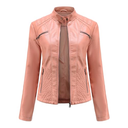 HZQIFEI Damen PU Leder Jacke, Motorrad Moto Biker Lederjacke Kurz Leicht Kunstlederjacke Reißverschluss Mantel PJK07 (Rosa, S) von HZQIFEI