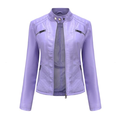 HZQIFEI Damen PU Leder Jacke, Motorrad Moto Biker Lederjacke Kurz Leicht Kunstlederjacke Reißverschluss Mantel PJK07 (Violett, 3XL) von HZQIFEI