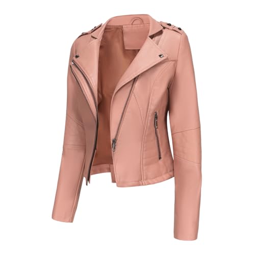 HZQIFEI Damen PU Leder Jacke, Motorrad Moto Biker Lederjacke Kurz Leicht Kunstlederjacke Reißverschluss Mantel PJK10 (Rosa, L) von HZQIFEI