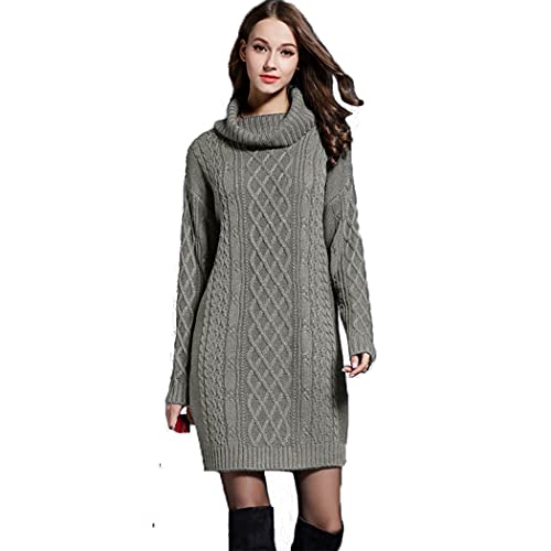 HZQIFEI Damen Strickkleider Langarm Rollkragen PulloverKleid Pullikleid Einfarbig Minikleid Casual Lose Wickelkleid Winter Pulli Sweater Kleid (Grau, 4XL) von HZQIFEI