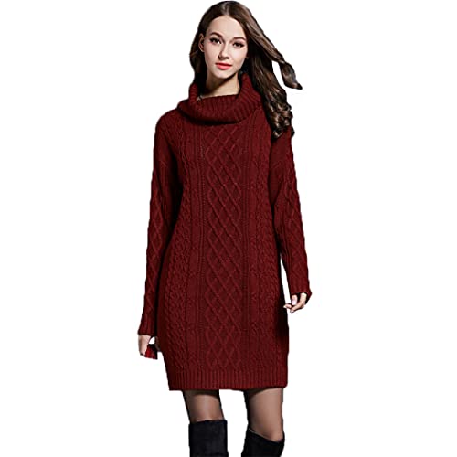 HZQIFEI Damen Strickkleider Langarm Rollkragen PulloverKleid Pullikleid Einfarbig Minikleid Casual Lose Wickelkleid Winter Pulli Sweater Kleid (Weinrot, L) von HZQIFEI