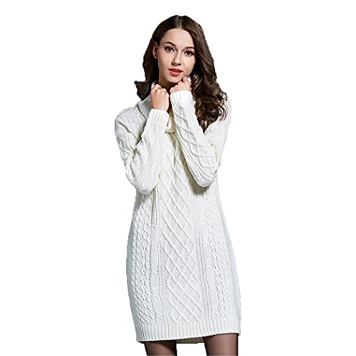 HZQIFEI Damen Strickkleider Langarm Rollkragen PulloverKleid Pullikleid Einfarbig Minikleid Casual Lose Wickelkleid Winter Pulli Sweater Kleid (Weiß, XL) von HZQIFEI
