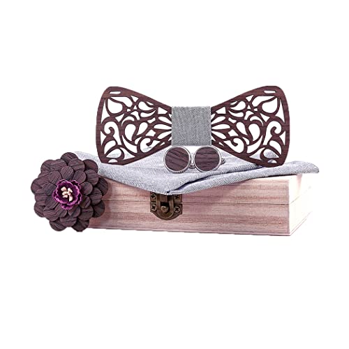 HZQIFEI Fliege aus Holz, 4-teiliges Set mit Fliege aus Holz + Manschettenknöpfe + Brosche + quadratische Tasche, modisches Accessoire, Stil #27, Ensemble de 4 pièces von HZQIFEI