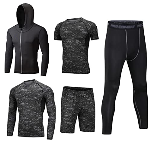 HZQIFEI Herren 5 Stücke Sport Anzug Fitness Anzug Schnelltrocknend Strumpfhosen Laufanzüge Kompression Shirt Gym Training Lauf Trainingsanzüge (Stil#3, S) von HZQIFEI