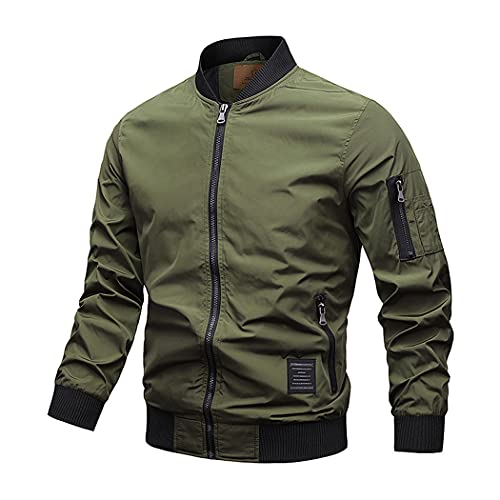 HZQIFEI Herren Bomberjacke Übergangsjacke Frühling College Jacke Stehkragen Fliegerjacke Baseballjacke mit Taschen (Armeegrün, 3XL) von HZQIFEI