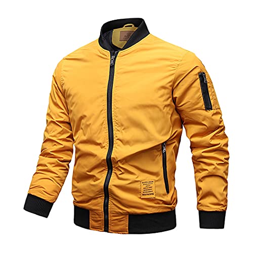HZQIFEI Herren Bomberjacke Übergangsjacke Frühling College Jacke Stehkragen Fliegerjacke Baseballjacke mit Taschen (Gelb, L) von HZQIFEI