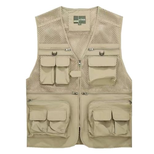 HZQIFEI Herren Outdoor Ärmellos Weste Freizeit Angler Camping Wandern Weste mit Vielen Praktischen Taschen MJ08 (Helles Khaki, 3XL) von HZQIFEI