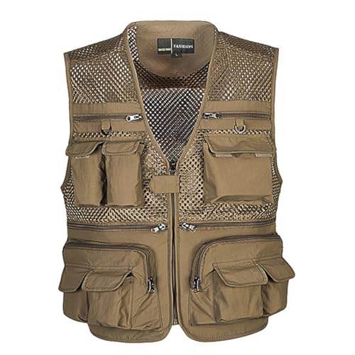 HZQIFEI Herren Outdoor Ärmellos Weste Freizeit Angler Camping Wandern Weste mit Vielen Praktischen Taschen MJ08 (Khaki, 4XL) von HZQIFEI