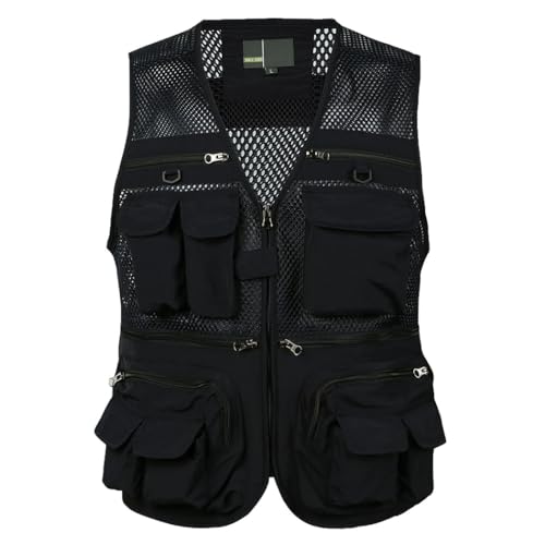 HZQIFEI Herren Outdoor Ärmellos Weste Freizeit Angler Camping Wandern Weste mit Vielen Praktischen Taschen MJ08 (Schwarz, 4XL) von HZQIFEI