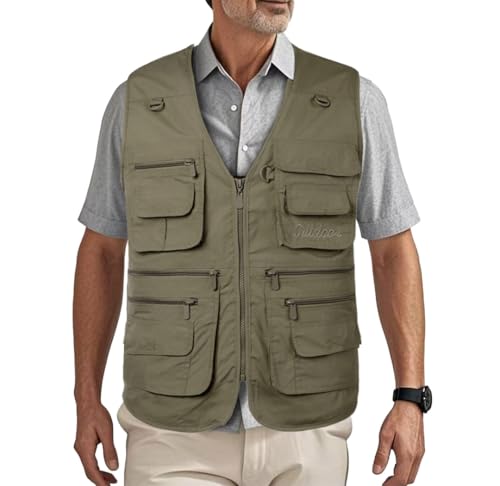 HZQIFEI Herren Outdoor Ärmellos Weste Freizeit Angler Camping Wandern Weste mit Vielen Praktischen Taschen MJ10 (Armeegrün, 6XL) von HZQIFEI