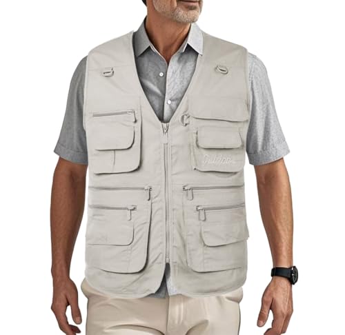 HZQIFEI Herren Outdoor Ärmellos Weste Freizeit Angler Camping Wandern Weste mit Vielen Praktischen Taschen MJ10 (Beige, L) von HZQIFEI