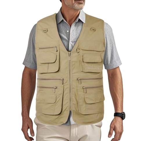 HZQIFEI Herren Outdoor Ärmellos Weste Freizeit Angler Camping Wandern Weste mit Vielen Praktischen Taschen MJ10 (Gelb, 7XL) von HZQIFEI