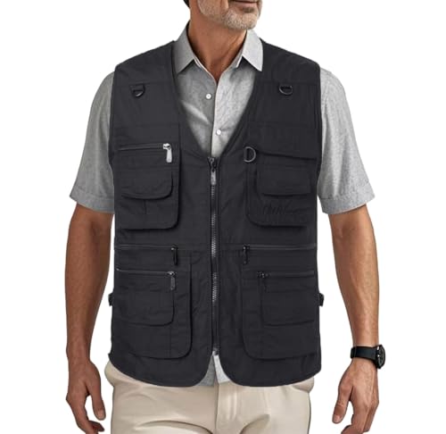 HZQIFEI Herren Outdoor Ärmellos Weste Freizeit Angler Camping Wandern Weste mit Vielen Praktischen Taschen MJ10 (Schwarz, L) von HZQIFEI