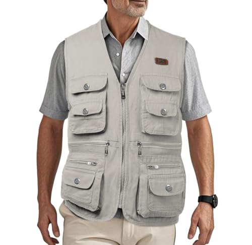 HZQIFEI Herren Outdoor Ärmellos Weste Freizeit Angler Camping Wandern Weste mit Vielen Praktischen Taschen MJ11 (Beige, XXL) von HZQIFEI