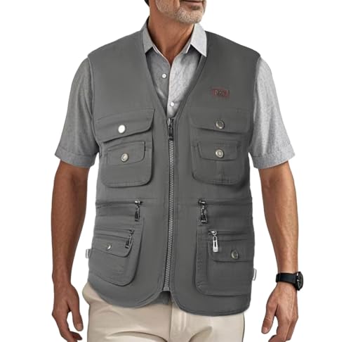 HZQIFEI Herren Outdoor Ärmellos Weste Freizeit Angler Camping Wandern Weste mit Vielen Praktischen Taschen MJ11 (GrauGrün, L) von HZQIFEI