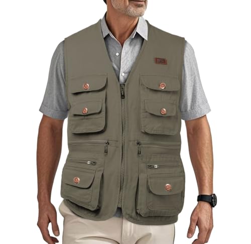 HZQIFEI Herren Outdoor Ärmellos Weste Freizeit Angler Camping Wandern Weste mit Vielen Praktischen Taschen MJ11 (HellGrün, 5XL) von HZQIFEI
