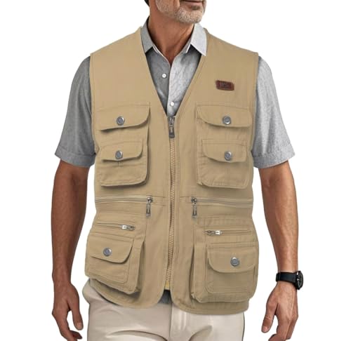 HZQIFEI Herren Outdoor Ärmellos Weste Freizeit Angler Camping Wandern Weste mit Vielen Praktischen Taschen MJ11 (Khaki, 4XL) von HZQIFEI