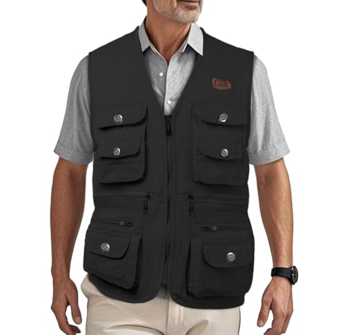 HZQIFEI Herren Outdoor Ärmellos Weste Freizeit Angler Camping Wandern Weste mit Vielen Praktischen Taschen MJ11 (Schwarz, 3XL) von HZQIFEI