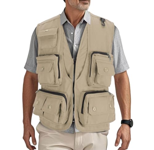HZQIFEI Herren Outdoor Ärmellos Weste Freizeit Angler Camping Wandern Weste mit Vielen Praktischen Taschen MJ15 (Beige, XXL) von HZQIFEI