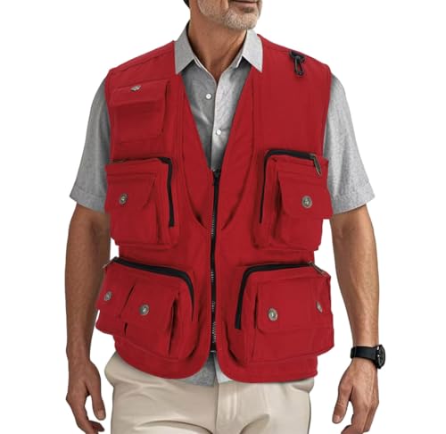 HZQIFEI Herren Outdoor Ärmellos Weste Freizeit Angler Camping Wandern Weste mit Vielen Praktischen Taschen MJ15 (Rot, 3XL) von HZQIFEI