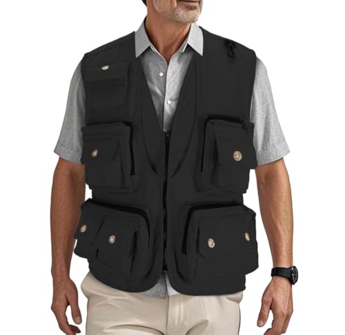 HZQIFEI Herren Outdoor Ärmellos Weste Freizeit Angler Camping Wandern Weste mit Vielen Praktischen Taschen MJ15 (Schwarz, XL) von HZQIFEI