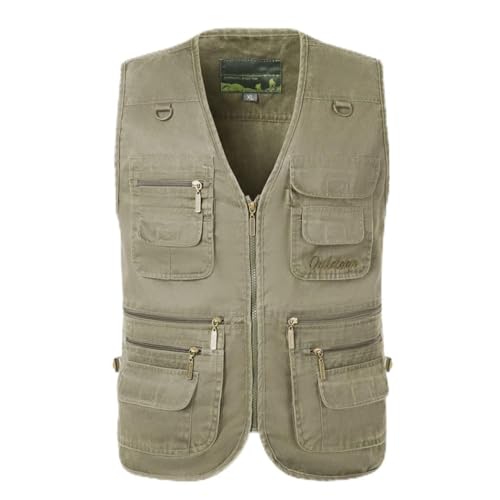 HZQIFEI Herren Outdoor Sport Weste Safari Weste mit Vielen Taschen Ärmellos Freizeit Weste für Jagd Angeln Camping (Khaki, 5XL) von HZQIFEI