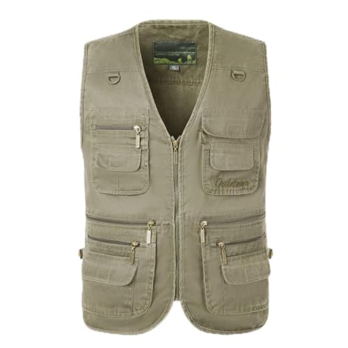 HZQIFEI Herren Outdoor Sport Weste Safari Weste mit Vielen Taschen Ärmellos Freizeit Weste für Jagd Angeln Camping (Khaki, 7XL) von HZQIFEI