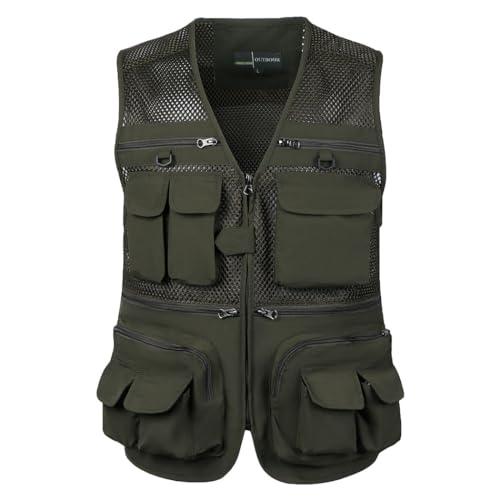 HZQIFEI Herren Outdoor Ärmellos Weste Freizeit Angler Camping Wandern Weste mit Vielen Praktischen Taschen MJ08 (Armeegrün, XXL) von HZQIFEI