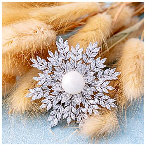 Haarnadel Luxusschneeflocke Brosche Gold Blume Zirkonia Schmuck Perle Pins for Frauen Winter Thema Zubehör Hochzeit Mantel Schal Hut Geschenke Haarnadel Holz(X1155-2-258SILVER) von HZWMQDLF