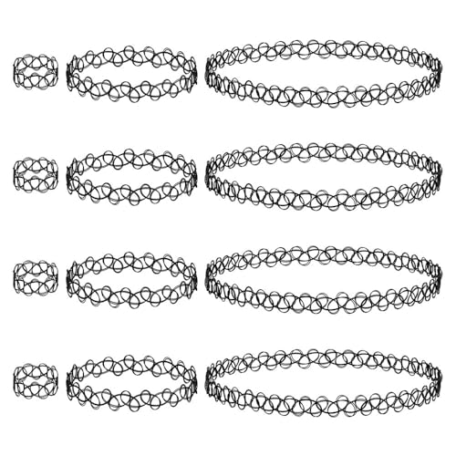 HZXINYI 3 Sets Schwarz Halsketten-Set - 12 Stück Hohlgewebe Halskette & Armband & Ring Choker Sets Stretch Tattoo Halskette Elastische Halsband Gothic Vintage 90er Jahre Stil von HZXINYI