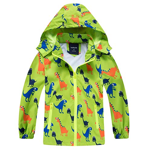 HZXVic Regenjacke Kinder, Kapuzen Outdoor Wasserdichte Jacke, Softshelljacke Kinder mit Dinosauriern, Grün,7-8Jahre von HZXVic