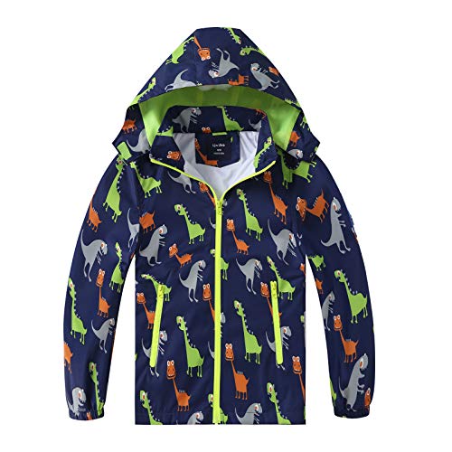 HZXVic Regenjacke Kinder, Kapuzen Outdoor Wasserdichte Jacke, Softshelljacke Kinder mit Dinosauriern 5-6Jahre von HZXVic