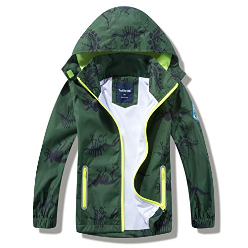 HZXVic Regenjacke für Kinder (Junge/Mädchen), Outdoor wasserdichte Softshelljacke mit Kapuze, Dinosaurier Regenmantel 7-8Jahre von HZXVic