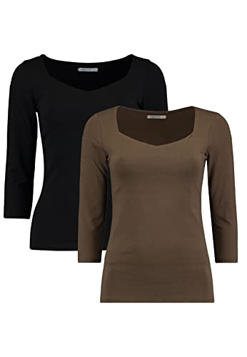 HAILYS Damen 3/4 Langarm Shirt 2-er Stück Set | Dünnes Basic Karree Longsleeve | Stretch Oberteil Pack Noa, Farben:Hellbraun-2, Größe:L von HaILYS-noos