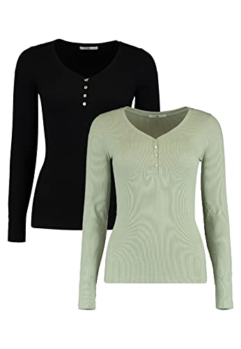 HAILYS Damen Langarm Shirt 2-er Stück Set | Dünnes Basic Henley Longsleeve | Stretch Oberteil Pack Kora, Farben:Schwarz-Grün, Größe:XL von HaILYS-noos