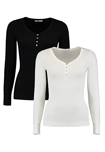 HAILYS Damen Langarm Shirt 2-er Stück Set | Dünnes Basic Henley Longsleeve | Stretch Oberteil Pack Kora, Farben:Schwarz-Weiß, Größe:XL von HaILYS-noos